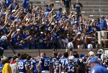 DURHAM, NC - SEPTEMBER 13:  Duke Blue Devils fans cheer during the game against the Navy Midshipmen at Wallace Wade Stadium on September 13, 2008 in Durham, North Carolina.  (Photo by Kevin C. Cox/Getty Images)