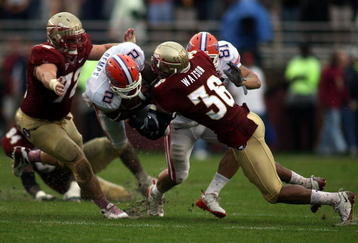 TALLAHASSEE, FL - NOVEMBER 29:  Receiver Jeffrey Demps #2 of the Florida Gators is brought down by linebacker Dekoda watson #36 of the Florida State Seminoles during the first half at Bobby Bowden Field at Doak Campbell Stadium on November 29, 2008 in Tallahassee, Florida.  Florida defeated Florida State 45-15.  (Photo by Marc Serota/Getty Images)
