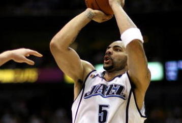 SALT LAKE CITY - APRIL 25:  Carlos Boozer #5 of the Utah Jazz shoots in Game Four of the Western Conference Quarterfinals against the Los Angeles Lakers during the 2009 NBA Playoffs at Energy Solutions Arena on April 25, 2009 in Salt Lake City, Utah.  The Lakers won 108-94.  NOTE TO USER: User expressly acknowledges and agrees that, by downloading and/or using this Photograph, user is consenting to the terms and conditions of the Getty Images License Agreement.  (Photo by Otto Greule Jr/Getty Images)  