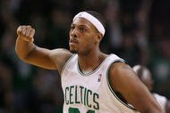 BOSTON - NOVEMBER 01:  Paul Pierce #34 of the Boston Celtics celebrates a three point shot in the fourth quarter against the New Orleans Hornets at the TD Garden on November 1, 2009 in Boston, Massachusetts. The Celtics defeated the Hornets 97-87. NOTE TO USER: User expressly acknowledges and agrees that, by downloading and or using this photograph, User is consenting to the terms and conditions of the Getty Images License Agreement.  (Photo by Elsa/Getty Images)