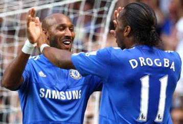 LONDON, ENGLAND - AUGUST 29:  Nicolas Anelka of Chelsea celebrates scoring the opening goal with teammate Didier Drogba during the Barclays Premier League match between Chelsea and Burnley at Stamford Bridge on August 29, 2009 in London, England.  (Photo by Phil Cole/Getty Images)