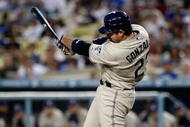 LOS ANGELES, CA - SEPTEMBER 04: Adrian Gonzalez #23 of the San Diego Padres bats against the Los Angeles Dodgers at Dodger Stadium on September 4, 2009 in Los Angeles, California. (Photo by Jeff Gross/Getty Images)