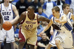 DURHAM, NC - FEBRUARY 9: Rakim Sanders #15 of the Boston College Eagles drives the ball against Jon Scheyer #30 of the Duke Blue Devils at Cameron Indoor Stadium on February 9, 2008 in Durham, North Carolina.  Duke defeated Boston College 90-80.  (Photo by Kevin C. Cox/Getty Images)