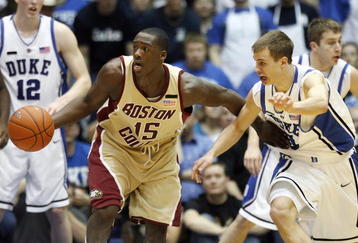 DURHAM, NC - FEBRUARY 9: Rakim Sanders #15 of the Boston College Eagles drives the ball against Jon Scheyer #30 of the Duke Blue Devils at Cameron Indoor Stadium on February 9, 2008 in Durham, North Carolina.  Duke defeated Boston College 90-80.  (Photo by Kevin C. Cox/Getty Images)