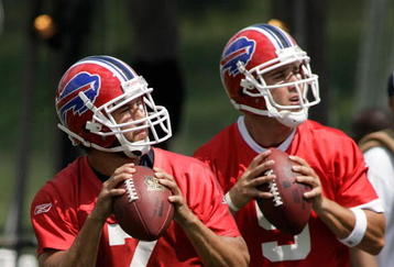 PITTSFORD, NY - JULY 25:  JP Losman #7 and Trent Edwards #5  of the Buffalo Bills drop back to pass during Training Camp on July 25, 2008 at Saint John Fisher College in Pittsford, New York.  (Photo by Rick Stewart/Getty Images)