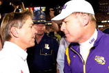 BATON ROUGE, LA - NOVEMBER 08:  Head Coach Nick Saban of the Alabama Crimson Tide is congratulated by head coach Les Miles of the Louisiana State University Tigers after the Tide defeated the Tigers 27-21 in overtime on November 11, 2008 at Tiger Stadium in Baton Rouge, Louisiana.  (Photo by Chris Graythen/Getty Images)