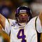GREEN BAY, WI - NOVEMBER 01: Quarterback Brett Favre #4 of the Minnesota Vikings celebrates a touchdown by teammate Percy Harvin #12 after a 51 yard touchdown pass during the third quarter of the game against the Green Bay Packers at Lambeau Field on November 1, 2009 in Green Bay, Wisconsin. (Photo by Scott Boehm/Getty Images)