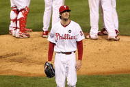 PHILADELPHIA - OCTOBER 31:  Starting pitcher Cole Hamels #35 of the Philadelphia Phillies walks off the field against the New York Yankees in Game Three of the 2009 MLB World Series at Citizens Bank Park on October 31, 2009 in Philadelphia, Pennsylvania.  (Photo by Jed Jacobsohn/Getty Images)