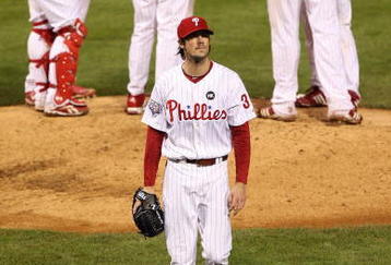 PHILADELPHIA - OCTOBER 31:  Starting pitcher Cole Hamels #35 of the Philadelphia Phillies walks off the field against the New York Yankees in Game Three of the 2009 MLB World Series at Citizens Bank Park on October 31, 2009 in Philadelphia, Pennsylvania.  (Photo by Jed Jacobsohn/Getty Images)