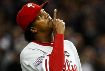 NEW YORK - OCTOBER 29:  Starting pitcher Pedro Martinez #45 of the Philadelphia Phillies comes out of the game in the seventh inning against the New York Yankees in Game Two of the 2009 MLB World Series against at Yankee Stadium on October 29, 2009 in the Bronx borough of New York City.  (Photo by Chris McGrath/Getty Images)