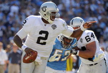 SAN DIEGO - NOVEMBER 01:  JaMarcus Russell #2 of the Oakland Raiders scrambles out of the pocket as he is rushed by Larry Engllish #52 of the San Diego Chargers during the second quarter at Qualcomm Stadium on November 1, 2009 in San Diego California.  (Photo by Harry How/Getty Images)