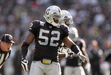 OAKLAND, CA - NOVEMBER 9: Kirk Morrison #52 of the Oakland Raiders looks down the field during the game against the Carolina Panthers at the Oakland-Alameda County Coliseum on November 9, 2008 in Oakland, California. (Photo by Jed Jacobsohn/Getty Images)