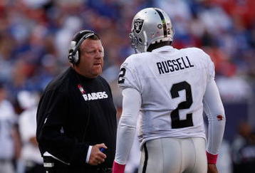 EAST RUTHERFORD, NJ - OCTOBER 11:  Head Coach Tom Cable and JaMarcus Russell #2 of the Oakland Raiders talk in between plays during the game on October 11, 2009 at Giants Stadium in East Rutherford, New Jersey.  (Photo by Jared Wickerham/Getty Images)