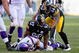 PITTSBURGH - OCTOBER 25: James Harrison #92 and LaMarr Woodley #56 of the Pittsburgh Steelers celebrate Harrison's sack on Brett Favre #4 of the Minnesota Vikings at Heinz Field on October 25, 2009 in Pittsburgh, Pennsylvania. Pittsburgh won 27-17. (Photo by Rick Stewart/Getty Images)