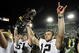 STATE COLLEGE, PA - SEPTEMBER 26:  Ricky Stanzi #12 of the Iowa Hawkeyes celebrates a 21-10 victory over the Penn State Nittnay Lions with Travis Meade #61 on September 26, 2009 at Beaver Stadium in State College, Pennsylvania.  (Photo by Gregory Shamus/Getty Images)
