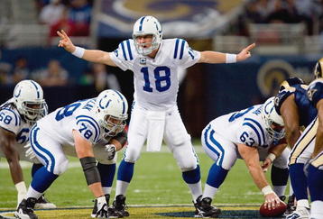 ST. LOUIS, MO - OCTOBER 25: Quarterback Peyton Manning #18 of the Indianapolis Colts calls the play at the line against the St. Louis Rams at the Edward Jones Dome on October 25, 2009 in St. Louis, Missouri.  (Photo by Dilip Vishwanat/Getty Images)