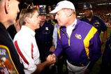 BATON ROUGE, LA - NOVEMBER 08:  Head Coach Nick Saban of the Alabama Crimson Tide is congratulated by head coach Les Miles of the Louisiana State University Tigers after the Tide defeated the Tigers 27-21 in overtime on November 11, 2008 at Tiger Stadium in Baton Rouge, Louisiana.  (Photo by Chris Graythen/Getty Images)