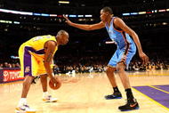 LOS ANGELES - FEBRUARY 10: Kobe Bryant #24 of the Los Angeles Lakers controls the ball against Kevin Durant #35 of the Oklahoma City Thunder on February 10, 2009 at Staples Center in Los Angeles, California.   NOTE TO USER: User expressly acknowledges and agrees that, by downloading and/or using this Photograph, user is consenting to the terms and conditions of the Getty Images License Agreement. (Photo by Stephen Dunn/Getty Images)