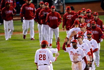PHILADELPHIA - NOVEMBER 02:  The Philadelphia Phillies celebrate their 8-6 win against the New York Yankees in Game Five of the 2009 MLB World Series at Citizens Bank Park on November 2, 2009 in Philadelphia, Pennsylvania.  (Photo by Jeff Zelevansky/Getty Images)