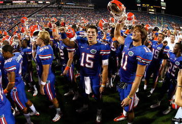 JACKSONVILLE, FL - OCTOBER 31:  Quarterback Tim Tebow #15 of the Florida Gators celebrates after their 41-17 win over the Georgia Bulldogs at Jacksonville Municipal Stadium on October 31, 2009 in Jacksonville, Florida.  (Photo by Kevin C. Cox/Getty Images)