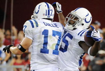 GLENDALE, AZ - SEPTEMBER 27: Wide receiver Pierre Garcon #85 of the Indianapolis Colts reacts with teammate Austin Collie #17 after Garcon makes a 53-yard touchdown catch against the Arizona Cardinals in the second quarter during the game at University of Phoenix Stadium on September 27, 2009 in Glendale, Arizona.  (Photo by Harry How/Getty Images)