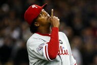 NEW YORK - OCTOBER 29: Starting pitcher Pedro Martinez #45 of the Philadelphia Phillies comes out of the game in the seventh inning against the New York Yankees in Game Two of the 2009 MLB World Series against at Yankee Stadium on October 29, 2009 in the Bronx borough of New York City. (Photo by Chris McGrath/Getty Images)
