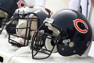 CHICAGO - NOVEMBER 01: Chicago Bear helmuts rest on the bench before a game between the Bears and the Cleveland Browns at Soldier Field on November 1, 2009 in Chicago, Illinois. The Bears defeated the Browns 30-6. (Photo by Jonathan Daniel/Getty Images)