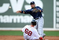 BOSTON - SEPTEMBER 13: Akinori Iwamura #1 of the Tampa Bay Rays sends the ball to first as Josh Reddick #68 of the Boston Red Sox is out at second on September 13, 2009 at Fenway Park in Boston, Massachusetts. (Photo by Elsa/Getty Images)