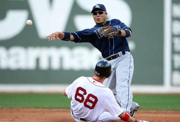 BOSTON - SEPTEMBER 13:  Akinori Iwamura #1 of the Tampa Bay Rays sends the ball to first as Josh Reddick #68 of the Boston Red Sox is out at second on September 13, 2009 at Fenway Park in Boston, Massachusetts.  (Photo by Elsa/Getty Images)
