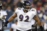 NASHVILLE, TN - JANUARY 10:  Defensive tackle Haloti Ngata #92 of the Baltimore Ravens reatcs against the Tennessee Titans during the AFC Divisional Playoff Game on January 10, 2009 at LP Field in Nashville, Tennessee.  (Photo by Andy Lyons/Getty Images)