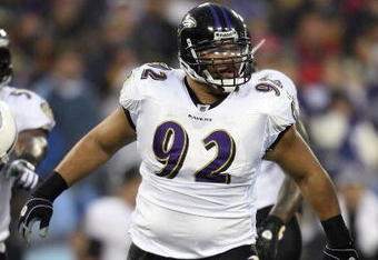 NASHVILLE, TN - JANUARY 10:  Defensive tackle Haloti Ngata #92 of the Baltimore Ravens reatcs against the Tennessee Titans during the AFC Divisional Playoff Game on January 10, 2009 at LP Field in Nashville, Tennessee.  (Photo by Andy Lyons/Getty Images)