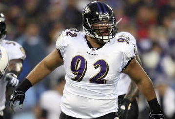 NASHVILLE, TN - JANUARY 10:  Defensive tackle Haloti Ngata #92 of the Baltimore Ravens reatcs against the Tennessee Titans during the AFC Divisional Playoff Game on January 10, 2009 at LP Field in Nashville, Tennessee.  (Photo by Andy Lyons/Getty Images)