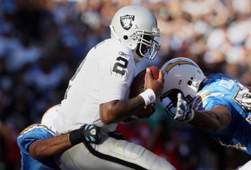 SAN DIEGO, CA - NOVEMBER 1:   Quarterback JaMarcus Russell #2 of the Oakland Raiders is sacked by Steve Gregory #28 of the San DIego Chargers in the 2nd half on November 1, 2009 at Qualcomm Stadium in San Diego, California. (Photo By Donald Miralle/Getty Images)