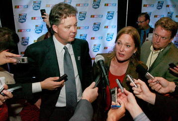 CHARLOTTE, NC - OCTOBER 14:  Nascar CEO Brian France and International Speedway President Lesa France Kennedy speak to the media after the Hall of Fame announcementsÊon October 14, 2009 in Charlotte, North Carolina.  (Photo by John Harrelson/Getty Images for NASCAR)