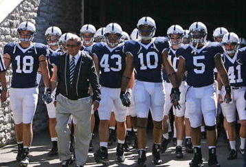 STATE COLLEGE, PA - SEPTEMBER 19: Head coach Joe Paterno of the Penn State Nittany Lions leads his team onto the field before a game against the Temple Owls on September 19, 2009 at Beaver Stadium in State College, Pennsylvania. (Photo by Hunter Martin/Getty Images)