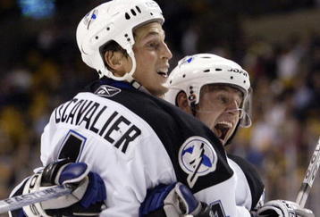 BOSTON - NOVEMBER 30:  Vincent Lecavalier #4 of the Tampa Bay Lightning and Vaclav Prospal #20 celebrate Lecavalier's goal in the third period against the Boston Bruins on November 30, 2006 at the TD Banknorth Garden in Boston, Massachusetts. The Bruins defeated the Lightning 4-3 in an overtime shootout.  (Photo by Elsa/Getty Images)