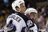 BOSTON - NOVEMBER 30:  Vincent Lecavalier #4 of the Tampa Bay Lightning and Vaclav Prospal #20 celebrate Lecavalier's goal in the third period against the Boston Bruins on November 30, 2006 at the TD Banknorth Garden in Boston, Massachusetts. The Bruins defeated the Lightning 4-3 in an overtime shootout.  (Photo by Elsa/Getty Images)