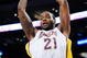 LOS ANGELES, CA - NOVEMBER 01: Josh Powell #21 of the Los Angeles Lakers drives against the Atlanta Hawks during the NBA basketball game at Staples Center on November 1, 2009 in Los Angeles, California. NOTE TO USER: User expressly acknowledges and agrees that, by downloading and/or using this Photograph, user is consenting to the terms and conditions of the Getty Images License Agreement. (Photo by Kevork Djansezian/Getty Images)