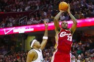 CLEVELAND - OCTOBER 27:  LeBron James #23 of the Cleveland Cavaliers shoots a jumper against Paul Pierce #34 of the Boston Celtics during the season opener at Quicken Loans Arena on October 27, 2009 in Cleveland, Ohio.  NOTE TO USER: User expressly acknowledges and agrees that, by downloading and or using this photograph, User is consenting to the terms and conditions of the Getty Images License Agreement. (Photo by Gregory Shamus/Getty Images)