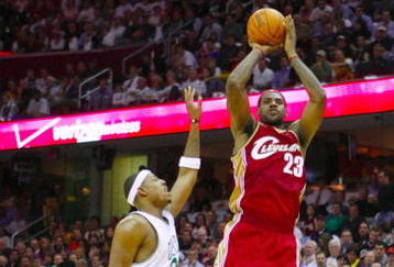 CLEVELAND - OCTOBER 27:  LeBron James #23 of the Cleveland Cavaliers shoots a jumper against Paul Pierce #34 of the Boston Celtics during the season opener at Quicken Loans Arena on October 27, 2009 in Cleveland, Ohio.  NOTE TO USER: User expressly acknowledges and agrees that, by downloading and or using this photograph, User is consenting to the terms and conditions of the Getty Images License Agreement. (Photo by Gregory Shamus/Getty Images)