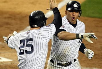 NEW YORK - NOVEMBER 04:  (L-R) Mark Teixeira #25 and Alex Rodriguez #13 of the New York Yankees celebrate after they scored on a 2-run double by Hideki Matsui #55 in the bottom of the fifth inning against the Philadelphia Phillies in Game Six of the 2009 MLB World Series at Yankee Stadium on November 4, 2009 in the Bronx borough of New York City.  (Photo by Al Bello/Getty Images)