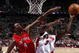 AUBURN HILLS, MI - JANUARY 15: Rodney Stuckey #3 of the Detroit Pistons tries to get a shot off around Chris Bosh #4 of the Toronto Raptors on January 15, 2008 at the Palace of Auburn Hills in Auburn Hills, Michigan. Detroit won the game 103-89. NOTE TO USER: User expressly acknowledges and agrees that, by downloading and or using this photograph, User is consenting to the terms and conditions of the Getty Images License Agreement. (Photo by Gregory Shamus/Getty Images)