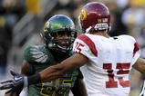 EUGENE, OR - OCTOBER 31: Wide receiver Garrett Embry #86 of the Oregon Ducks gets in the face of cornerback Kevin Thomas #15 of the  USC Trojans during action in the first quarter of the game at Autzen Stadium on October 31, 2009 in Eugene, Oregon. Oregon defeated USC 47-20. (Photo by Steve Dykes/Getty Images)