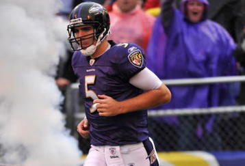 BALTIMORE - NOVEMBER 1:  Joe Flacco #5 of the Baltimore Ravens comes onto the field before the game against the Denver Broncos at M&T Bank Stadium on November 1, 2009 in Baltimore, Maryland. The Ravens defeated the Broncos 30-7. (Photo by Larry French/Getty Images)