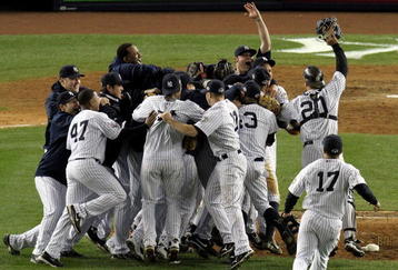 NEW YORK - NOVEMBER 04:  The New York Yankees celebrate after their 7-3 win against the Philadelphia Phillies in Game Six of the 2009 MLB World Series at Yankee Stadium on November 4, 2009 in the Bronx borough of New York City.  (Photo by Jim McIsaac/Getty Images)