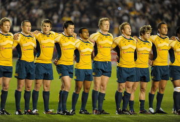 TOKYO - OCTOBER 31:  The Wallabies line up for the national Anthems prior to the 2009 Bledisloe Cup match between the New Zealand All Blacks and the Australian Wallabies at the National Stadium on October 31, 2009 in Tokyo, Japan.  (Photo by Ross Land/Getty Images)