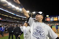 NEW YORK - NOVEMBER 04:  Derek Jeter #2 and Hideki Matsui #55 of the New York Yankees celebrate after their 7-3 win against the Philadelphia Phillies in Game Six of the 2009 MLB World Series at Yankee Stadium on November 4, 2009 in the Bronx borough of New York City.  (Photo by Jed Jacobsohn/Getty Images)