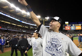 NEW YORK - NOVEMBER 04:  Derek Jeter #2 and Hideki Matsui #55 of the New York Yankees celebrate after their 7-3 win against the Philadelphia Phillies in Game Six of the 2009 MLB World Series at Yankee Stadium on November 4, 2009 in the Bronx borough of New York City.  (Photo by Jed Jacobsohn/Getty Images)
