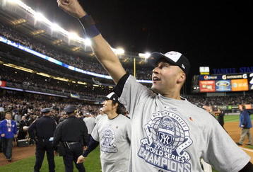 NEW YORK - NOVEMBER 04:  Derek Jeter #2 and Hideki Matsui #55 of the New York Yankees celebrate after their 7-3 win against the Philadelphia Phillies in Game Six of the 2009 MLB World Series at Yankee Stadium on November 4, 2009 in the Bronx borough of New York City.  (Photo by Jed Jacobsohn/Getty Images)