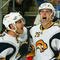 NEWARK, NJ - DECEMBER 13:  Thomas Vanek #26 of the Buffalo Sabres celebrates his third period goal and 10,000 in team history with teammate  Derek Roy #9 against the New Jersey Devils  at the Prudential Center on December 13, 2008 in Newark, New Jersey. Sabres win 4-2  (Photo by Mike Stobe/Getty Images)